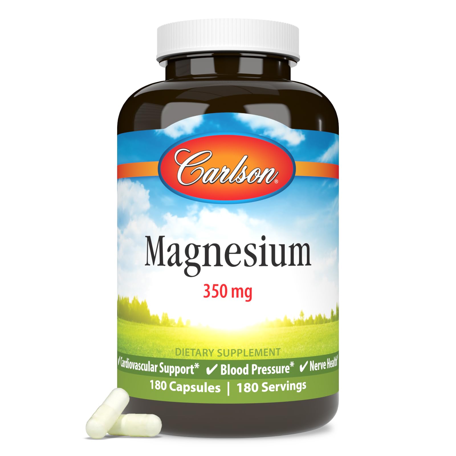 Carlson magnesium 350mg bottle – clear label; supports cardiovascular health and nerve function.