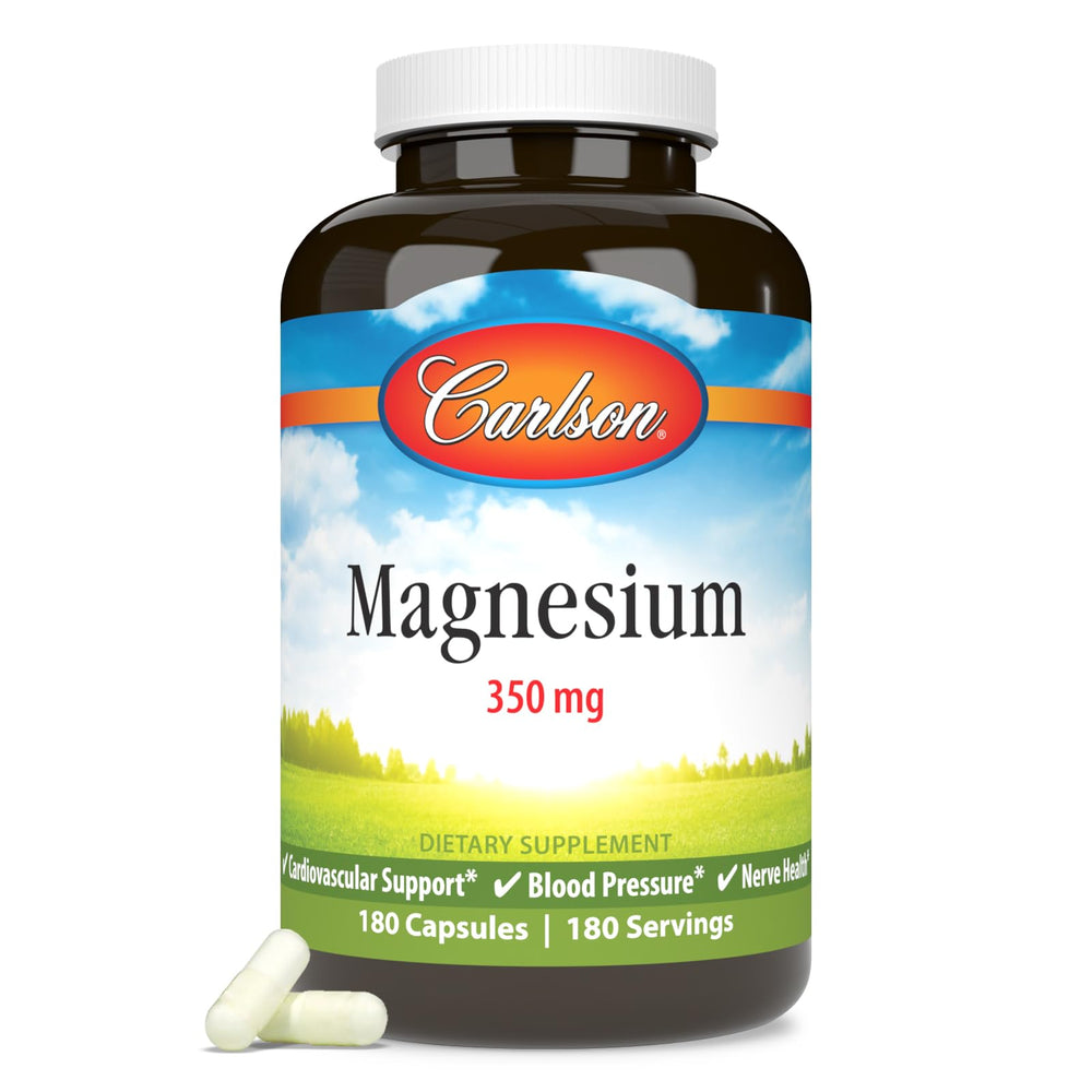 Carlson magnesium 350mg bottle – clear label; supports cardiovascular health and nerve function.