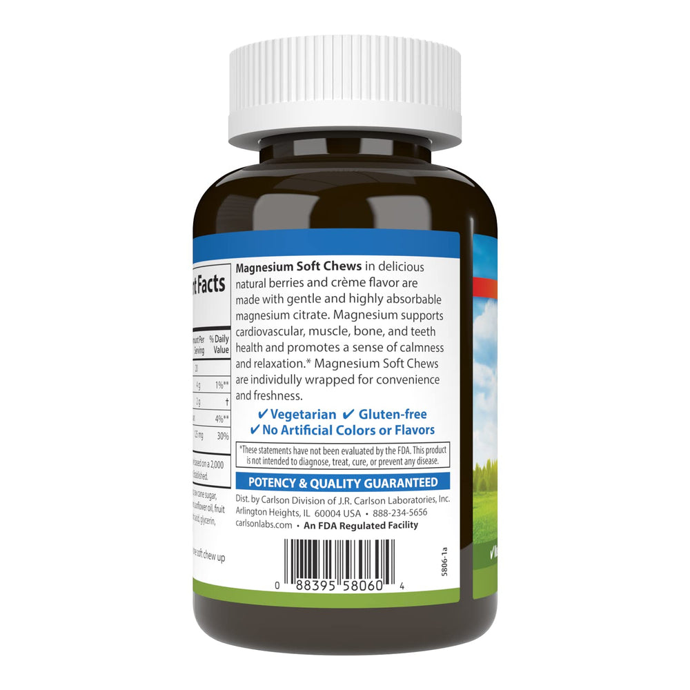 Packaging showing box and bottle of Carlson Magnesium Soft Chews