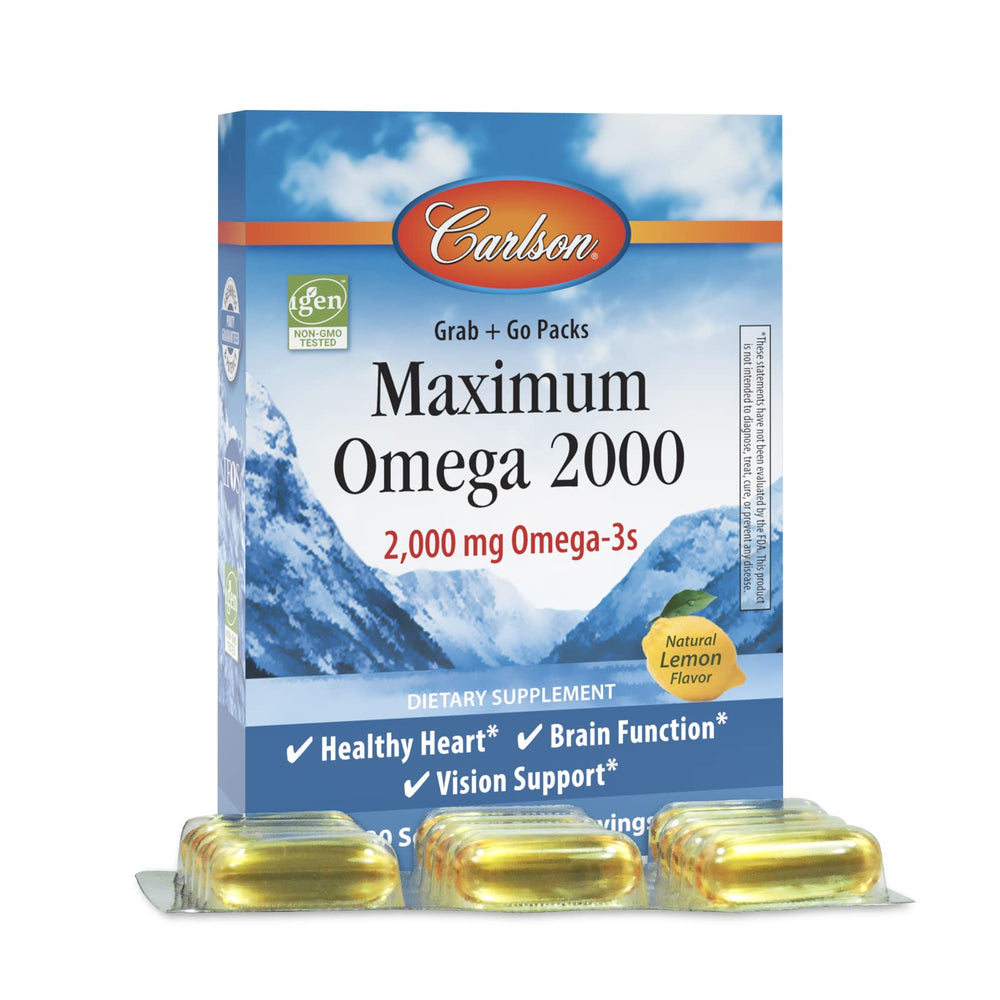 Carlson Maximum Omega 2000 grab-go pack front shows on-the-go convenience for omega-3 intake