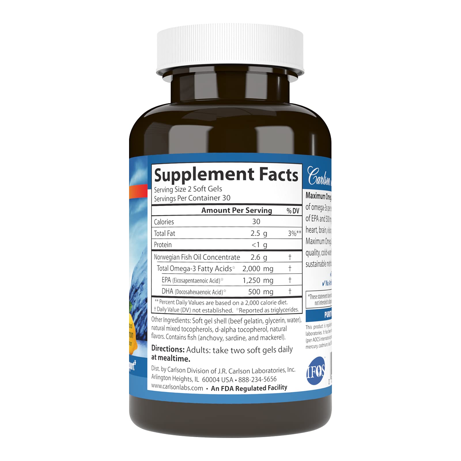 Back/side angle of Carlson Maximum Omega 2000 lemon softgels