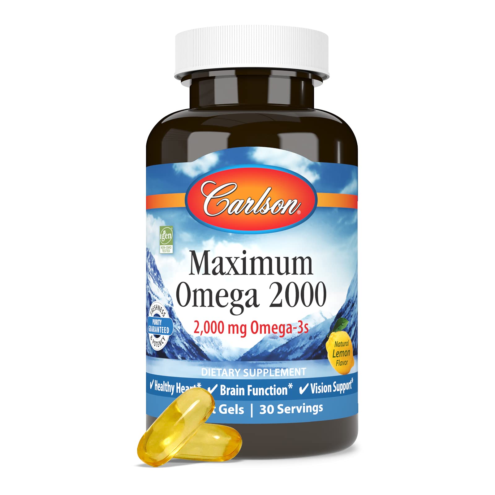 Sustainably sourced Carlson Maximum Omega 2000 fish oil bottle