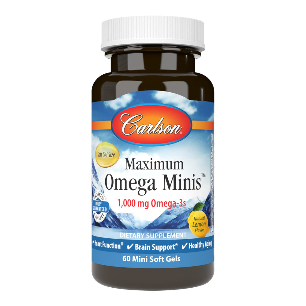 Carlson Maximum Omega Minis lemon flavor bottle with 60 softgels