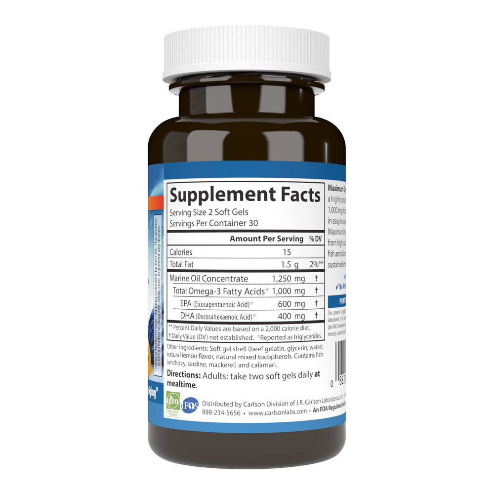 Close-up of Carlson Maximum Omega Minis 1000 mg omega-3 mini softgels