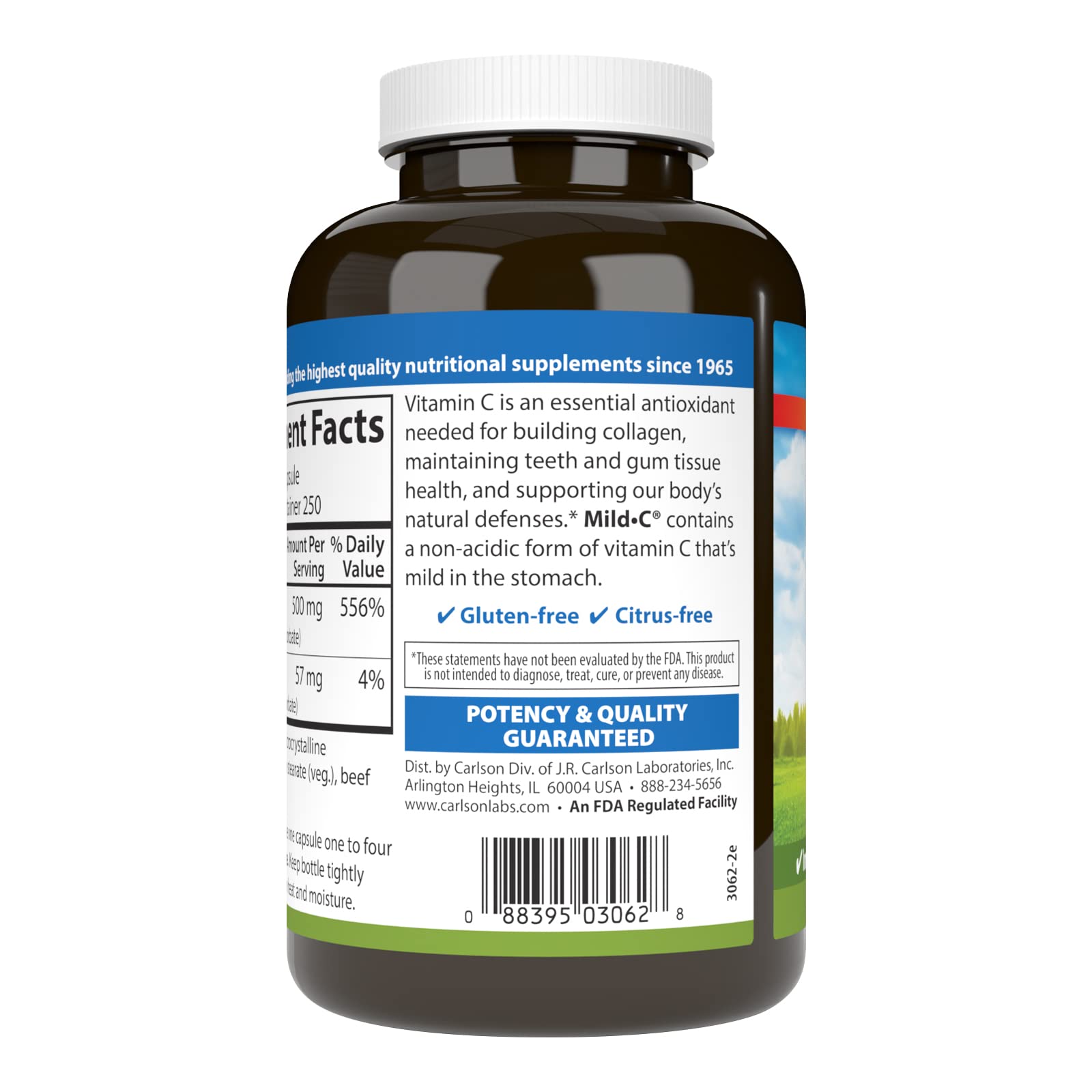 Non-acidic buffered vitamin C label on Carlson bottle