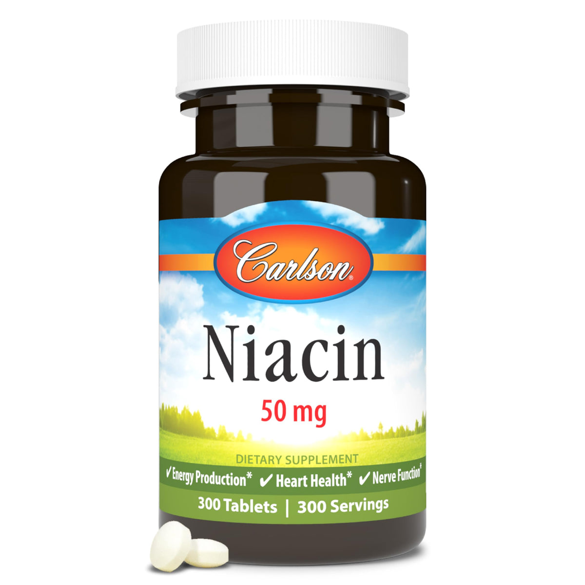 Carlson Niacin 50mg tablets shown in bottle, energy-support potential.