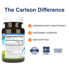 Carlson Niacin label closeup highlighting potency and quality testing.