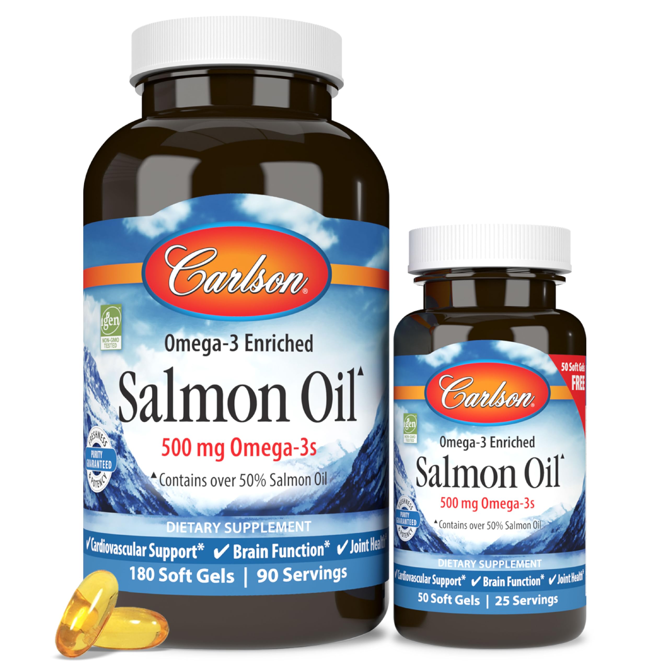 Carlson Norwegian Salmon Oil bottle front promotes daily wellness with omega-3s
