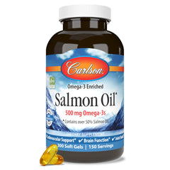 Carlson Salmon Oil bottle closeup highlighting 500 mg omega-3s for heart and brain support
