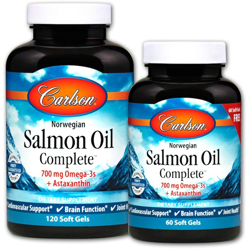 Carlson Salmon Oil Complete bottle with 180 softgels – 700 mg Omega-3s + Astaxanthin, Norwegian