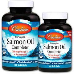 Carlson Salmon Oil Complete bottle with 180 softgels – 700 mg Omega-3s + Astaxanthin, Norwegian