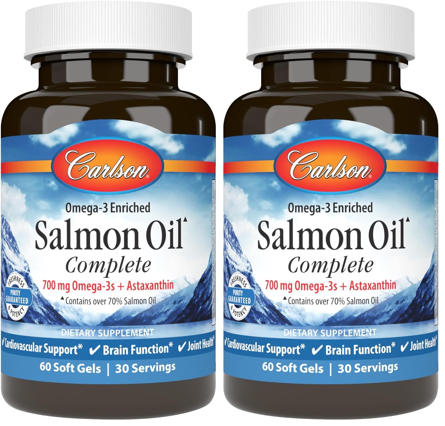 Carlson Salmon Oil Complete bottle with 700 mg Omega-3s and astaxanthin packaging