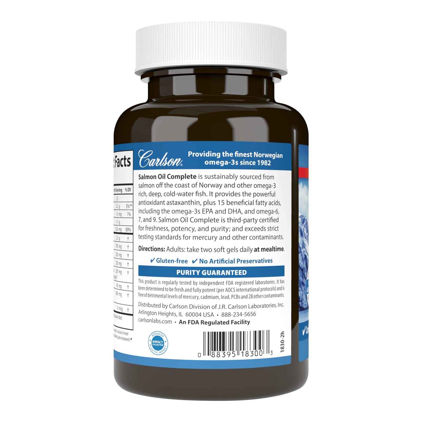 Carlson Salmon Oil Complete label highlights 15 fatty acids for a broad nutrient profile.