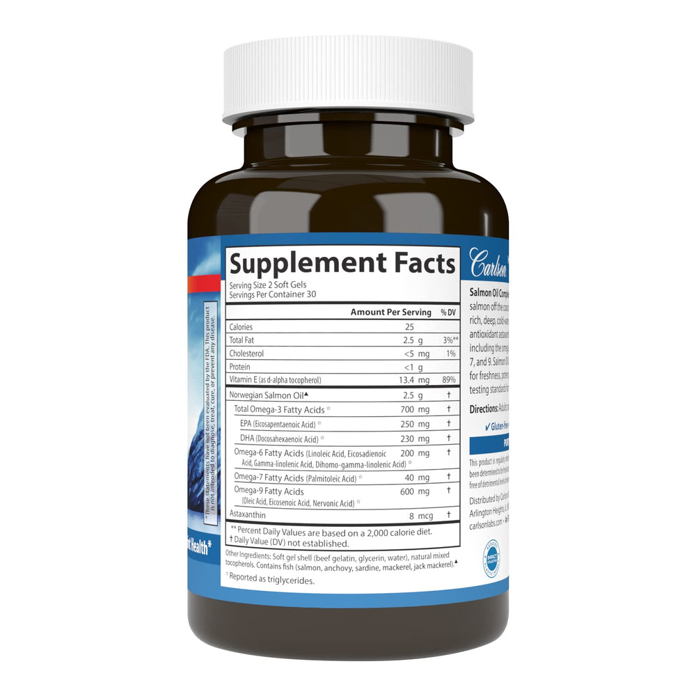 Carlson Salmon Oil Complete softgels closeup showing smooth capsules for daily wellness.