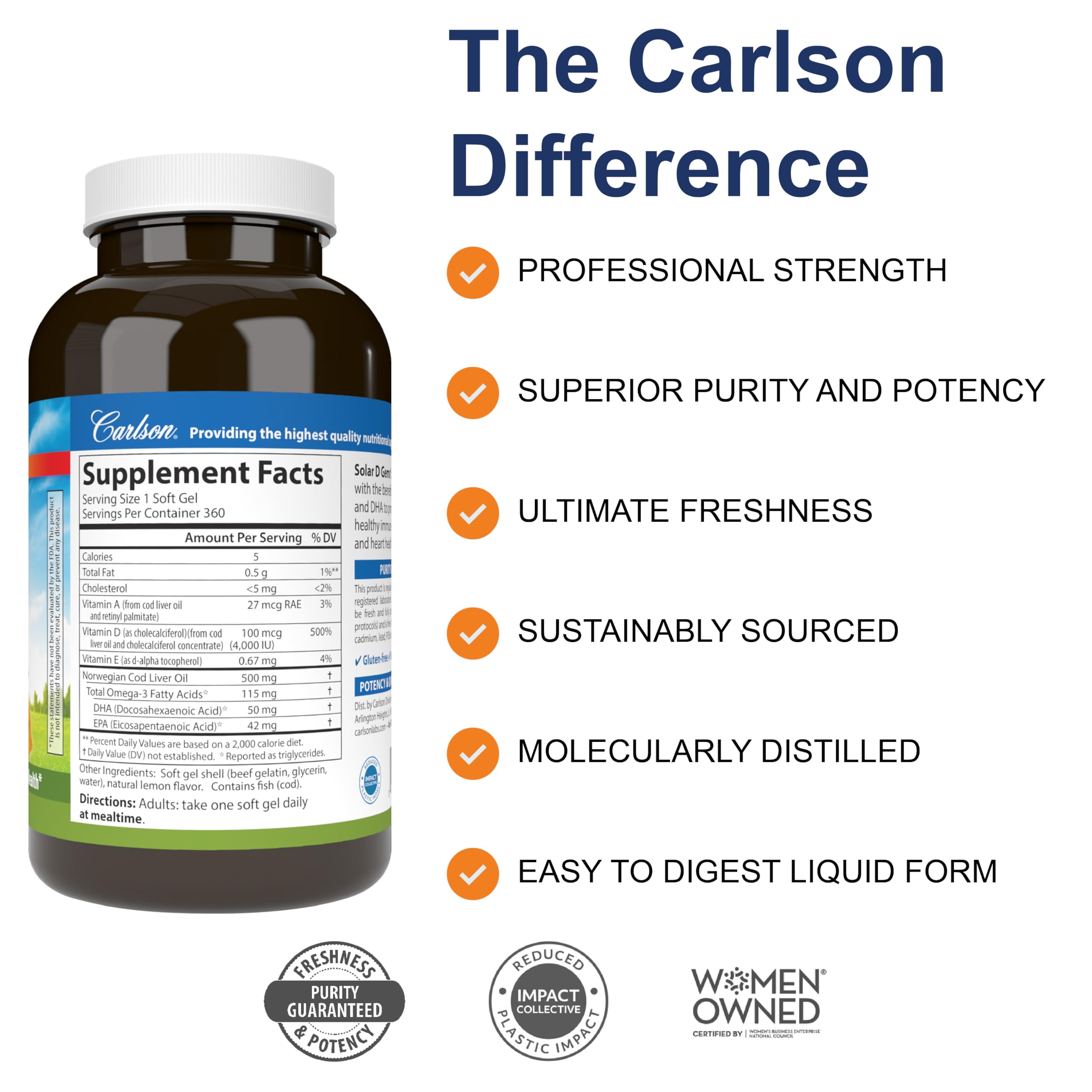 Carlson Solar D Gems bottle back displays dosage and omega-3 amounts for immune support.