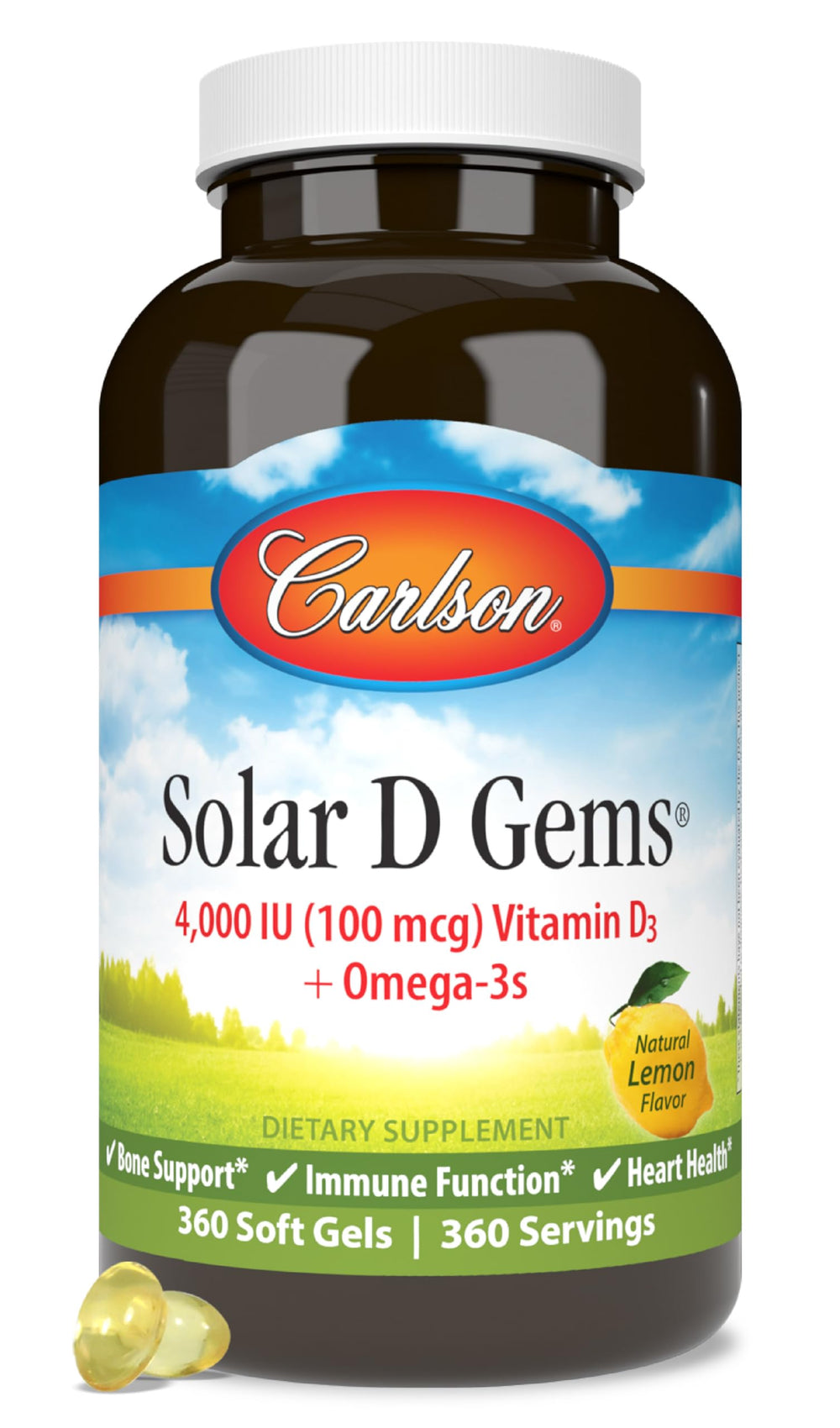 Carlson Solar D Gems bottle front shows lemon vitamin D3 and omega-3 capsules for bone health.