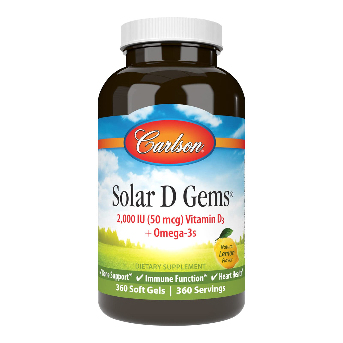 Lemon-flavored Carlson Solar D Gems softgels in bottle (360-count)