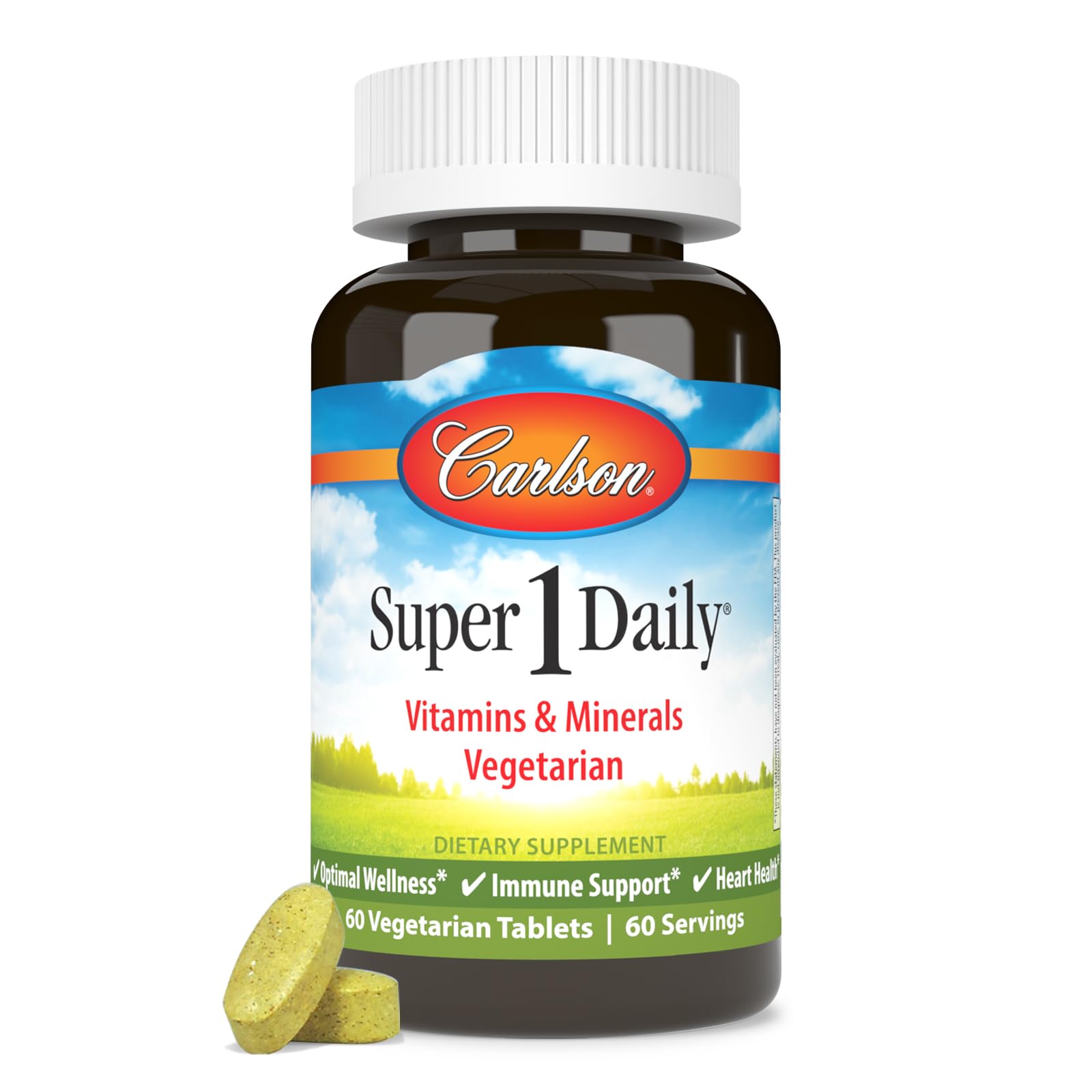 Carlson Super 1 Daily bottle front highlights vegetarian multivitamin for daily wellness