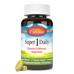 Carlson Super 1 Daily bottle front highlights vegetarian multivitamin for daily wellness