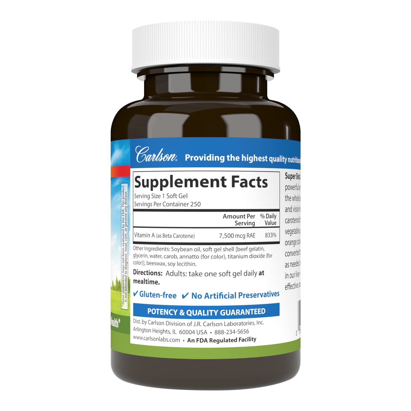 Back of Carlson Super Beta Carotene bottle showing supplement facts