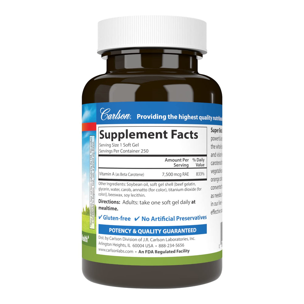 Back of Carlson Super Beta Carotene bottle showing supplement facts