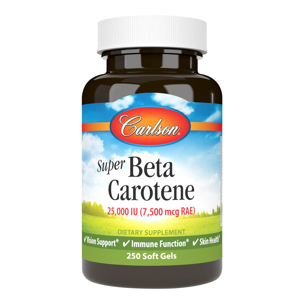 Front view of Carlson Super Beta Carotene bottle with 250 softgels