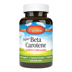 Front view of Carlson Super Beta Carotene bottle with 250 softgels