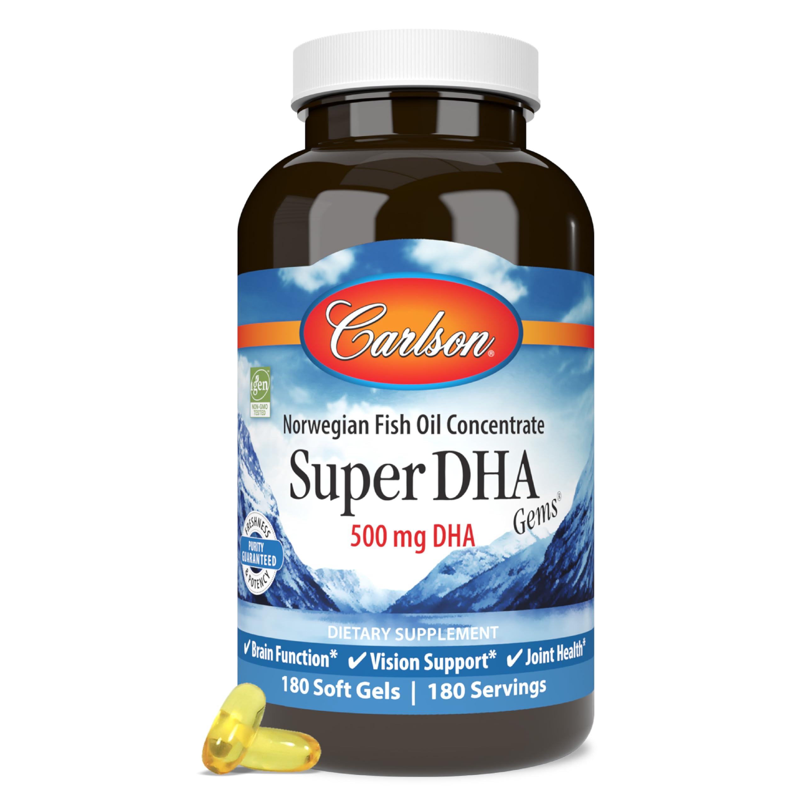 Carlson Super DHA 500 mg bottle on a clean counter for daily omega-3 support