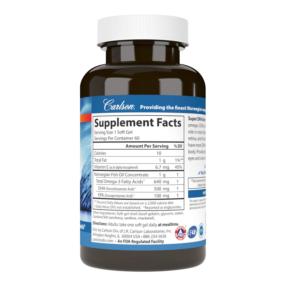 Close-up of Carlson DHA softgels showing 500 mg DHA