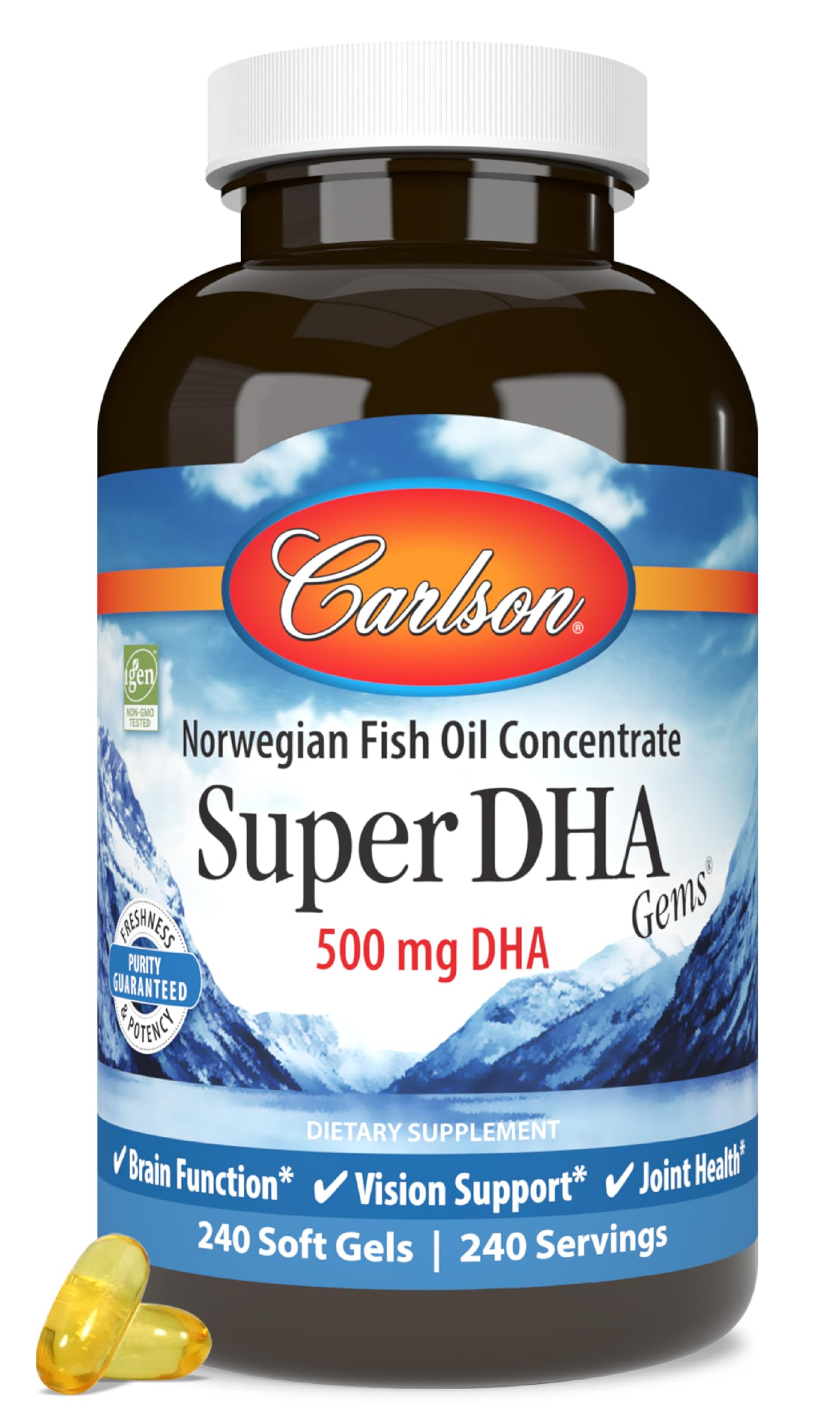 Carlson Super DHA Gems softgel bottle with easy-to-swallow omega-3 capsules for daily support.