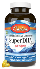 Carlson Super DHA Gems softgel bottle with easy-to-swallow omega-3 capsules for daily support.