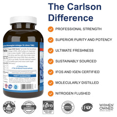 Carlson Super DHA Gems softgels close-up emphasizing compact capsules for daily use.