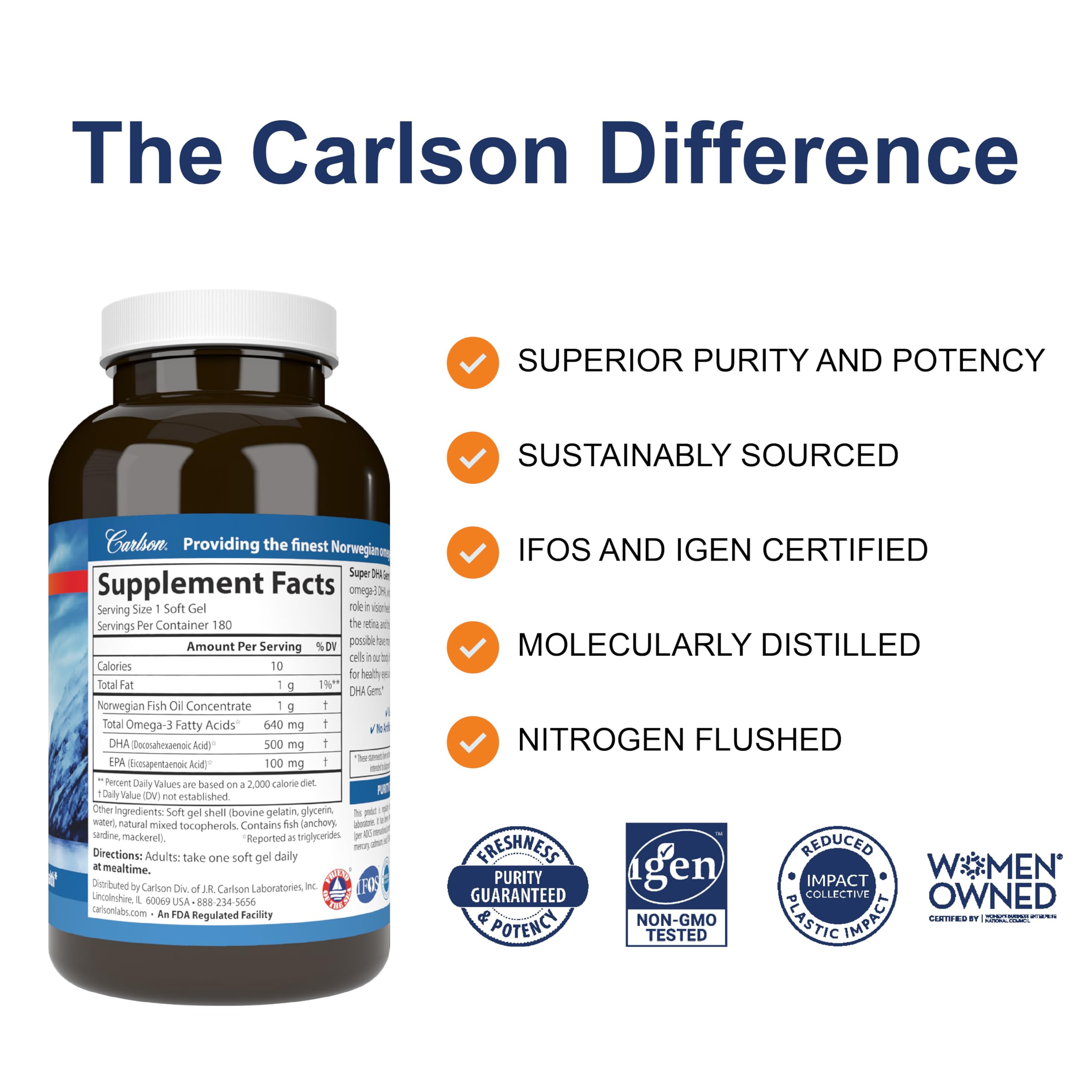 Carlson Super DHA IGEN non-GMO certified seal communicates purity and quality