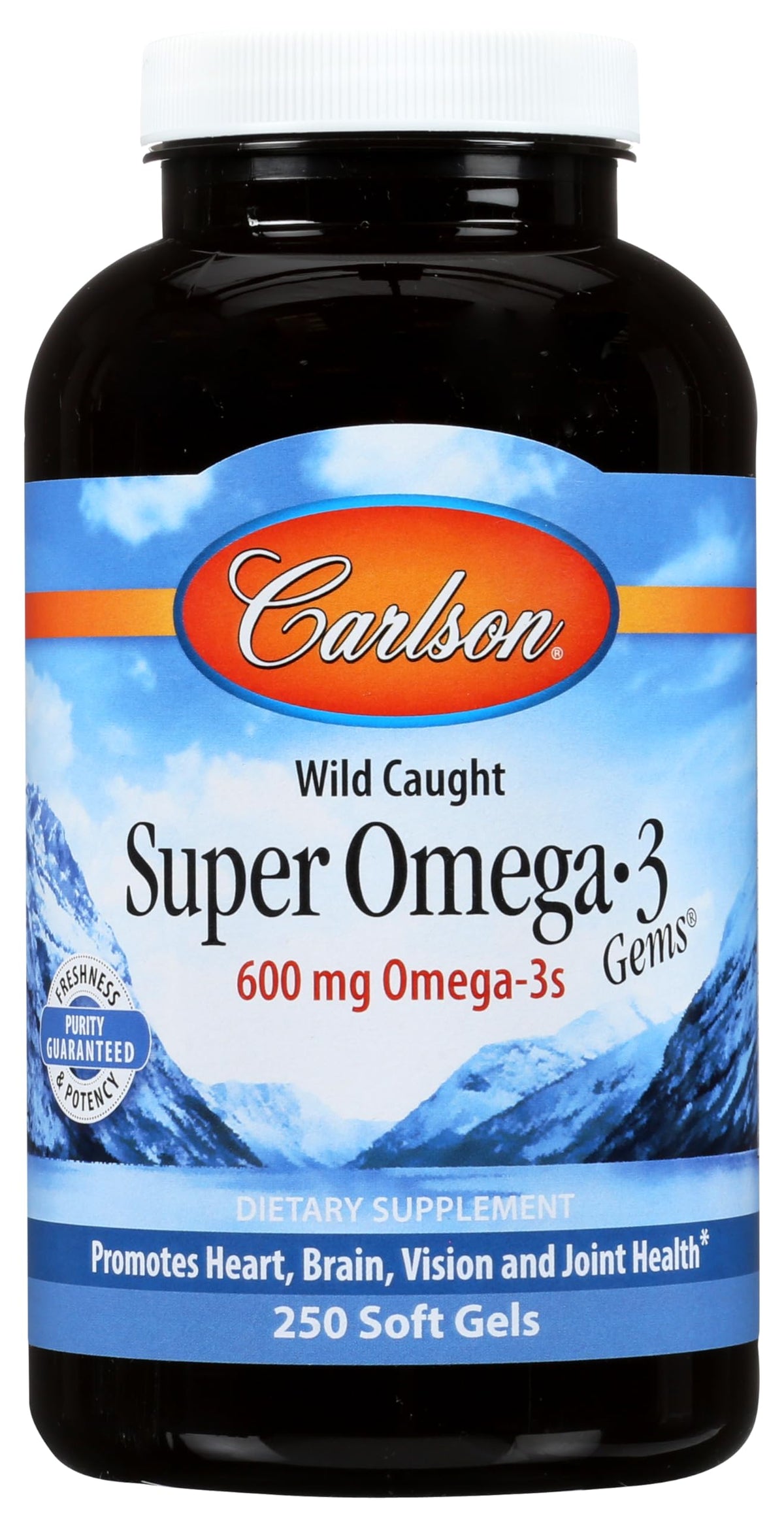 Carlson Super Omega-3 Gems bottle front showcases clean label for everyday heart and brain support.