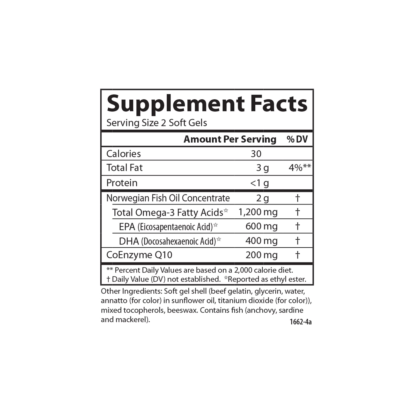 Bottle label highlights 1200 mg Omega-3s and 200 mg CoQ10