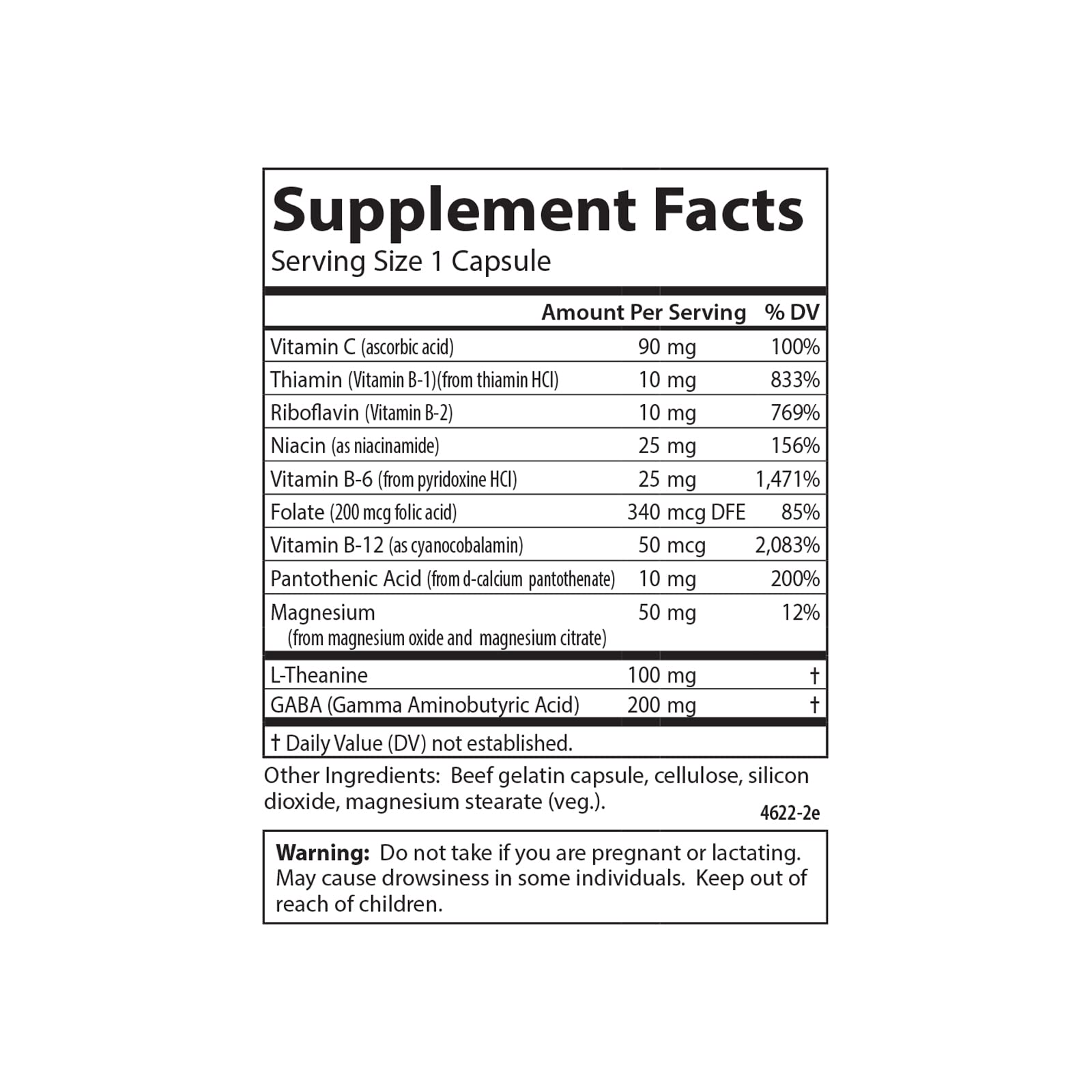 Supplement facts panel for Carlson Totally Zen