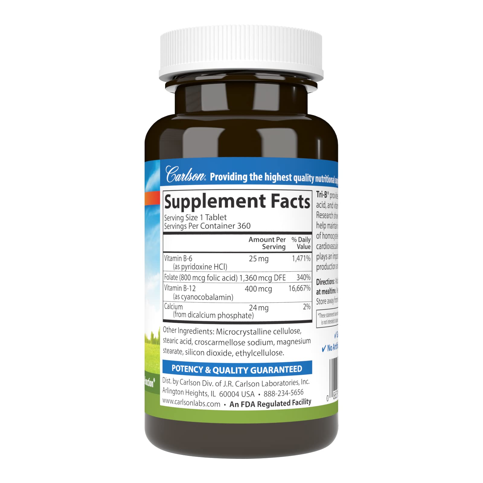 Back view of Carlson Tri-B B-Complex bottle with supplement facts