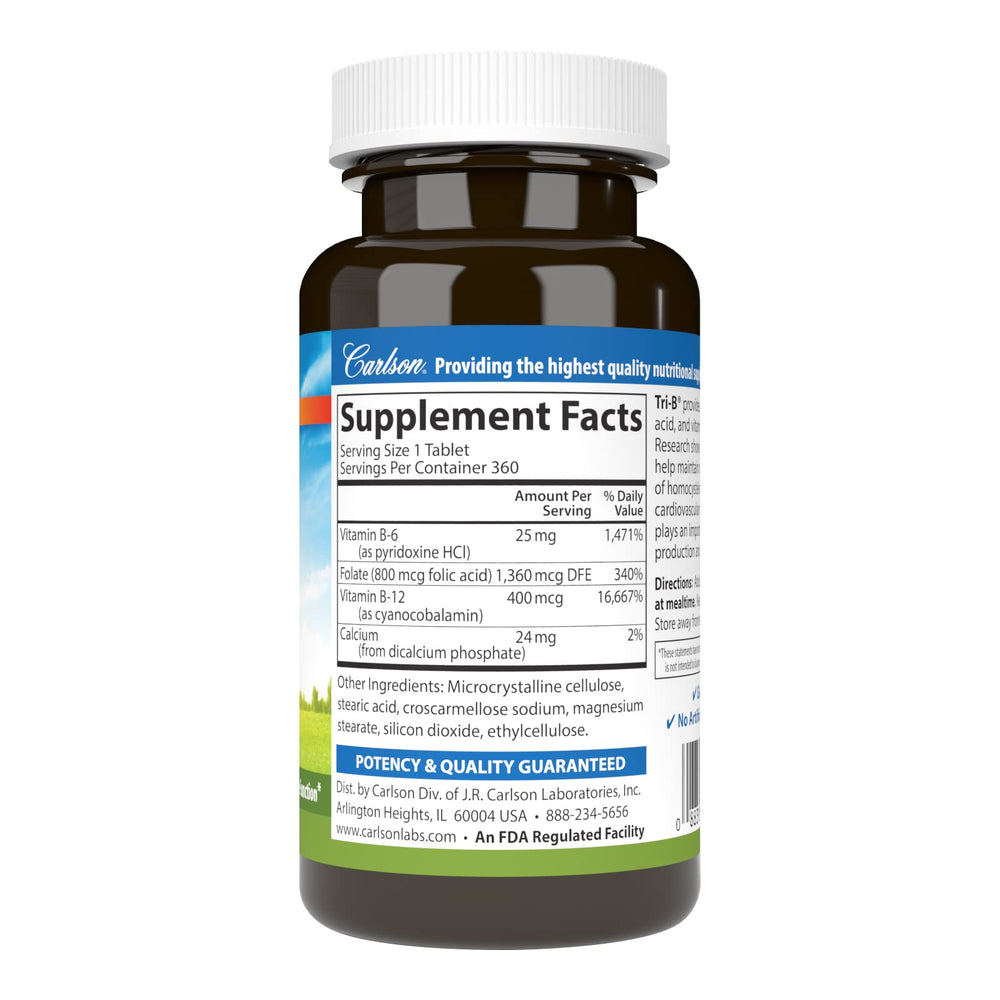 Back view of Carlson Tri-B B-Complex bottle with supplement facts