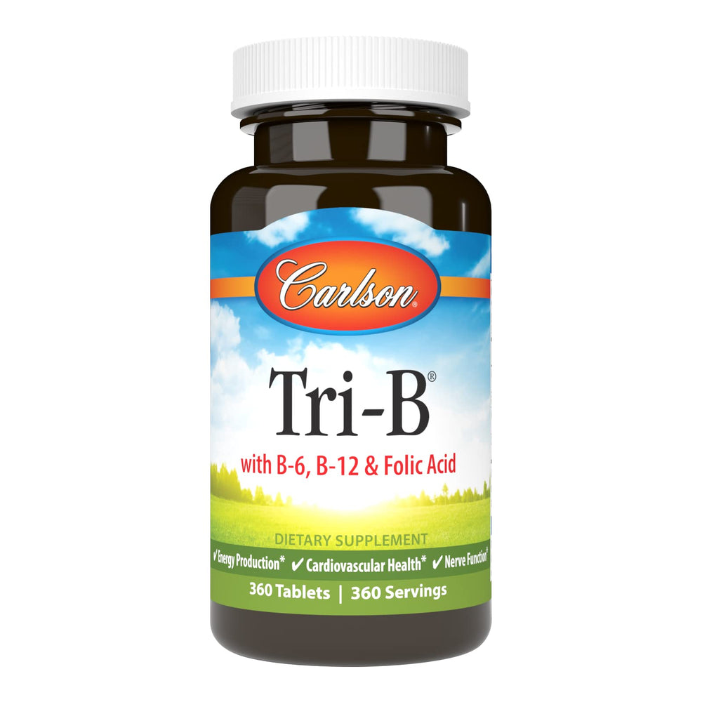 Carlson Tri-B tablets front view for daily B complex support and heart health.