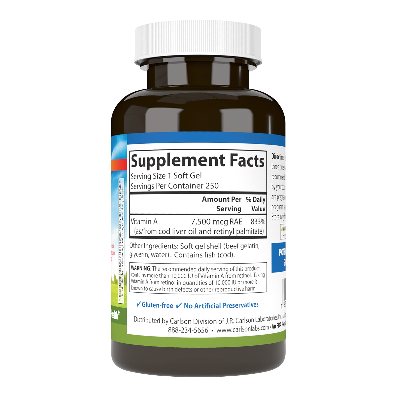 Close-up of Carlson Vitamin A 25,000 IU bottle