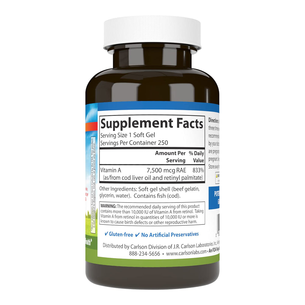 Close-up of Carlson Vitamin A 25,000 IU bottle