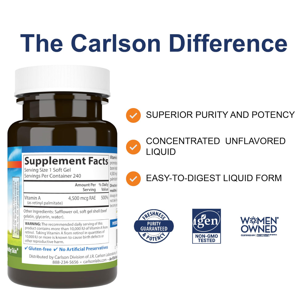 Front label of Carlson Vitamin A Palmitate bottle