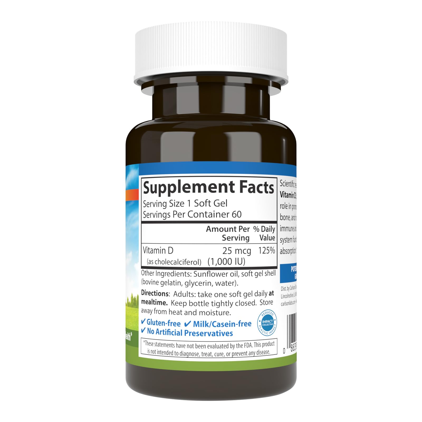 Carlson Vitamin D3 bottle back with supplement facts