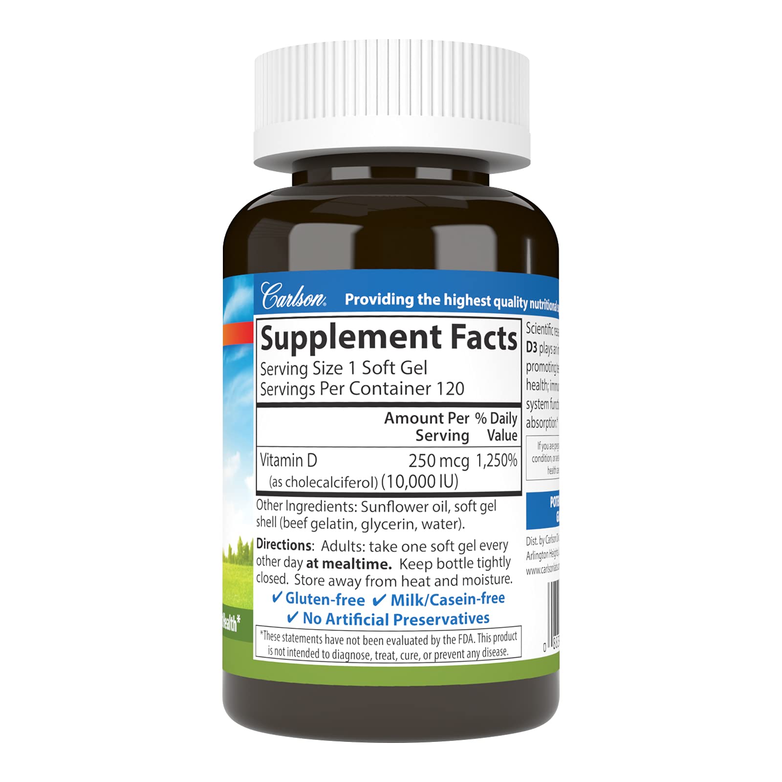 Label showing 10,000 IU vitamin D3 per softgel