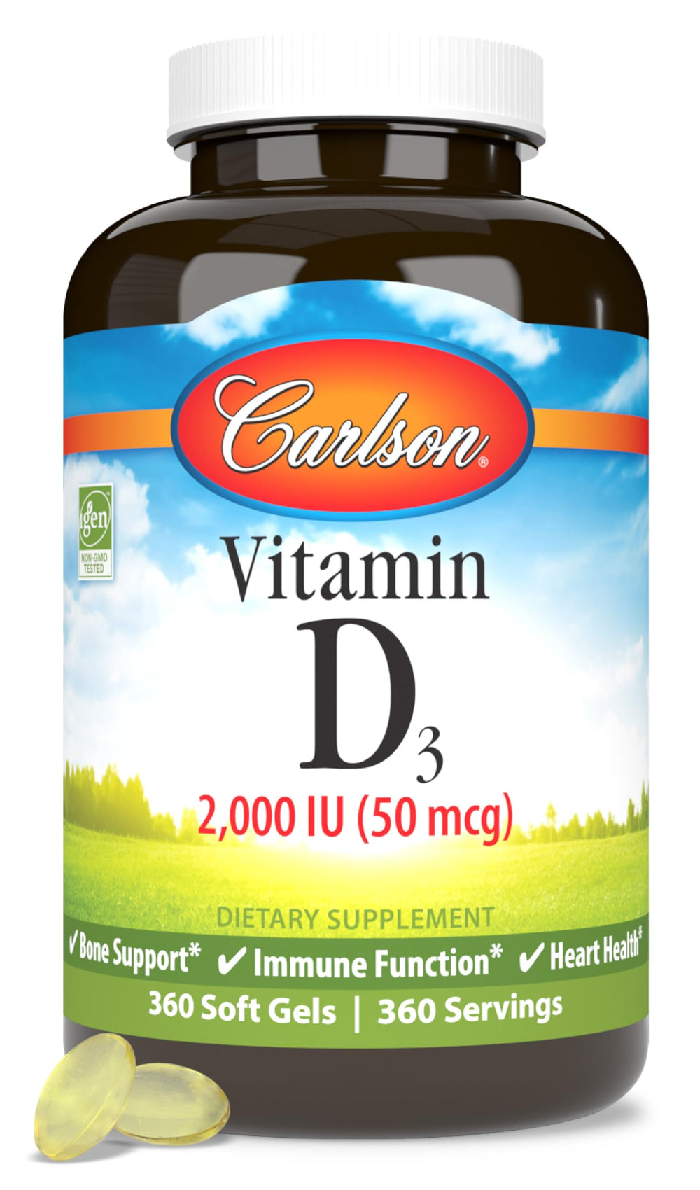 Carlson Vitamin D3 2000 IU bottle with 360 softgels on white background
