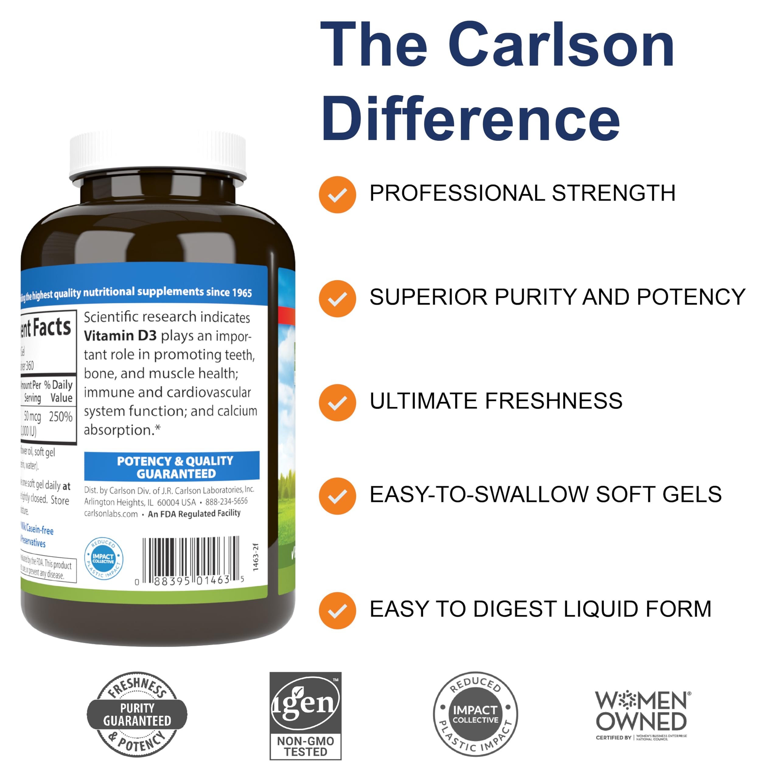 Close-up of Carlson Vitamin D3 2000 IU bottle label