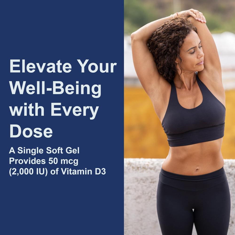 Vitamin D3 2000 IU softgel capsules spilling from bottle