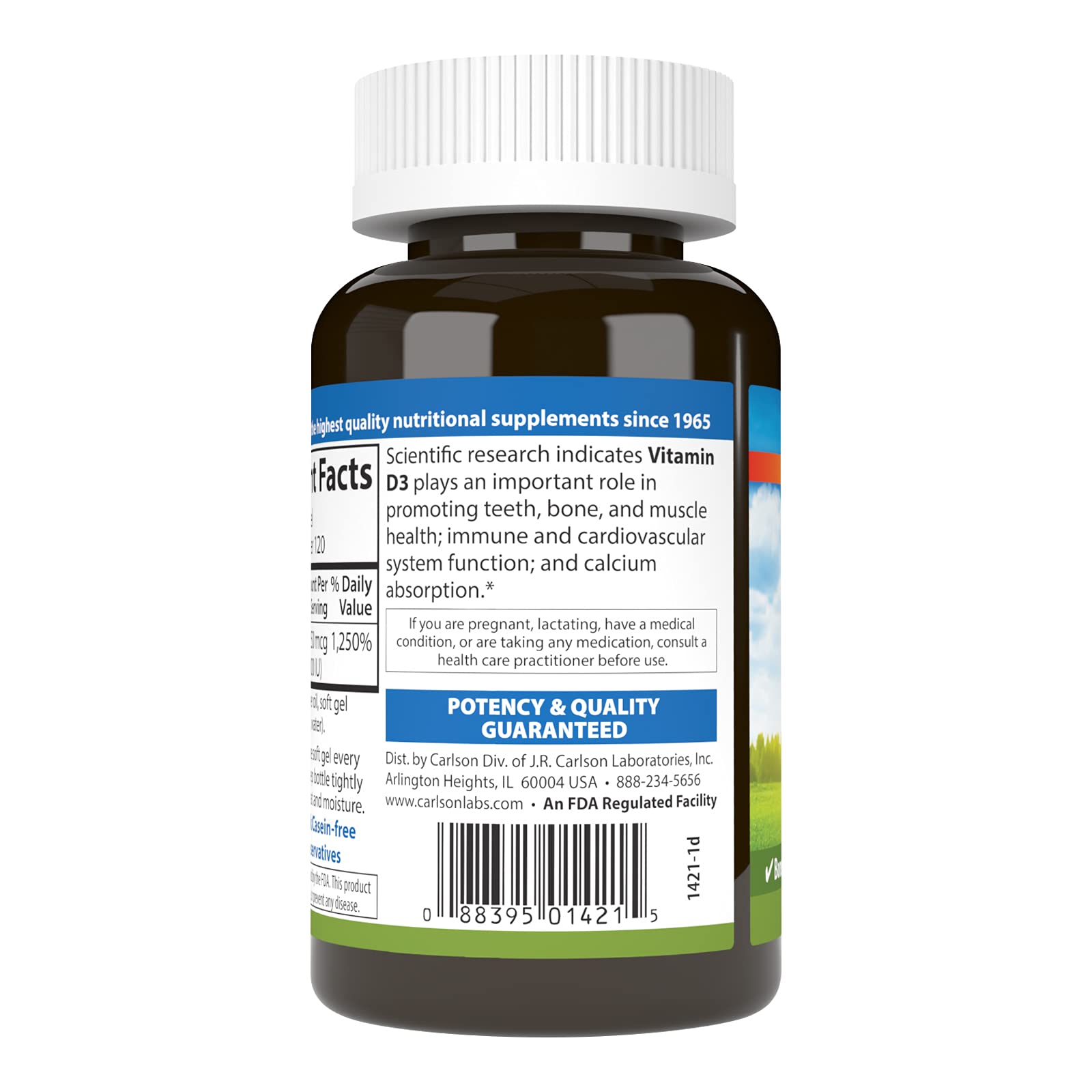 Close-up of Carlson Vitamin D3 softgels in bottle