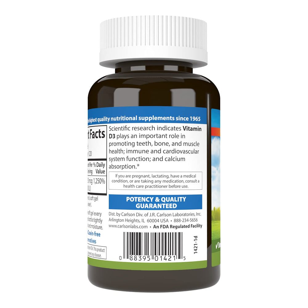 Close-up of Carlson Vitamin D3 softgels in bottle