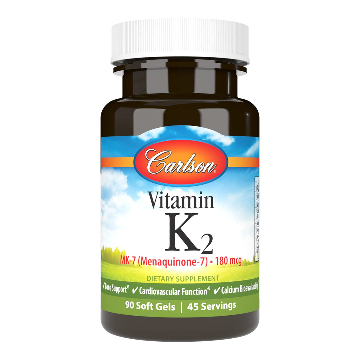 Carlson Vitamin K2 MK-7 180 mcg bottle label with 90 softgels